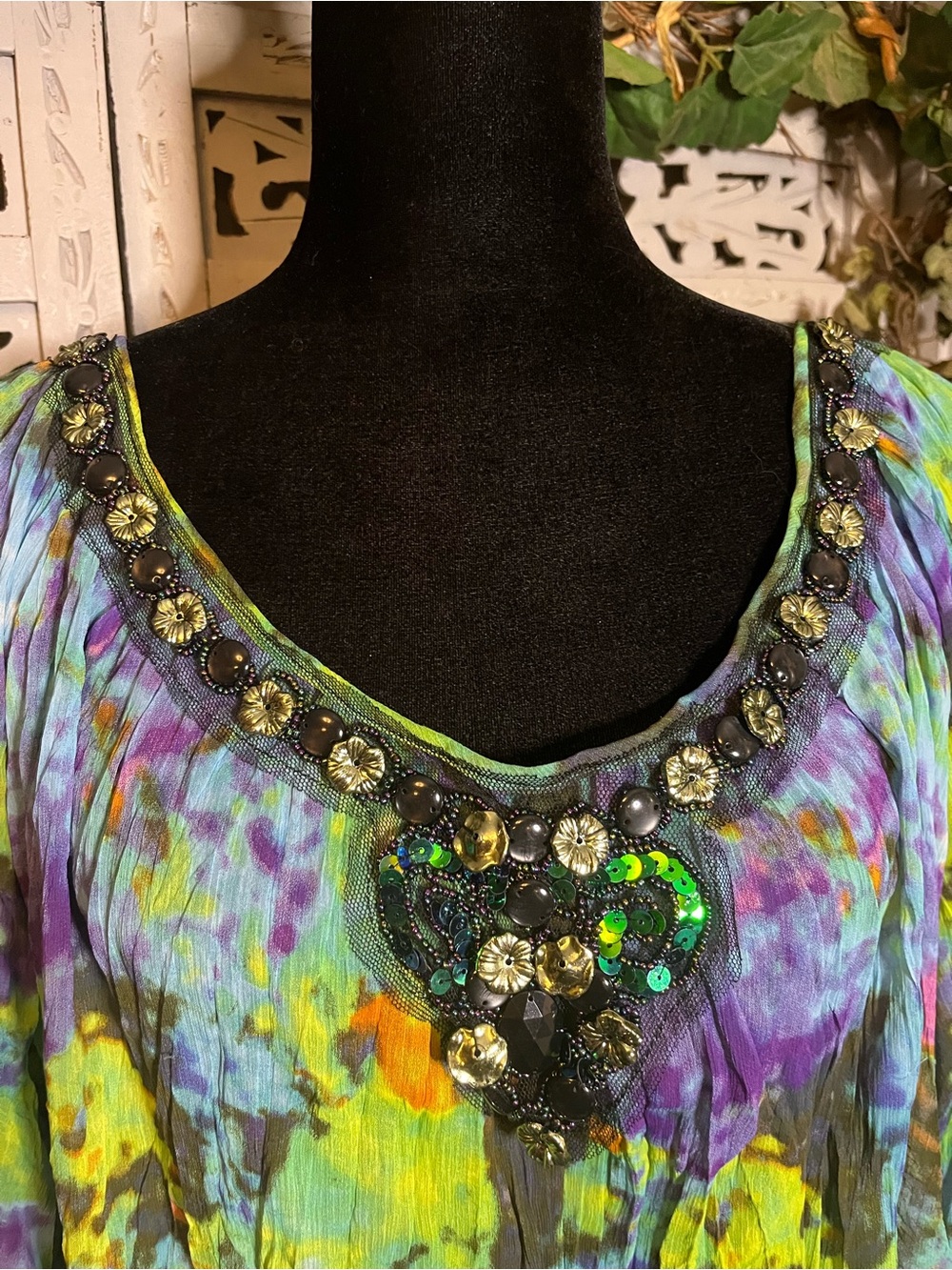 MUSHKA by SIENNA ROSE SHEER PURPLE & MULTICOLOR ABSTRACT TIE-DYE PLUS SIZE TOP - Picture 3 of 12